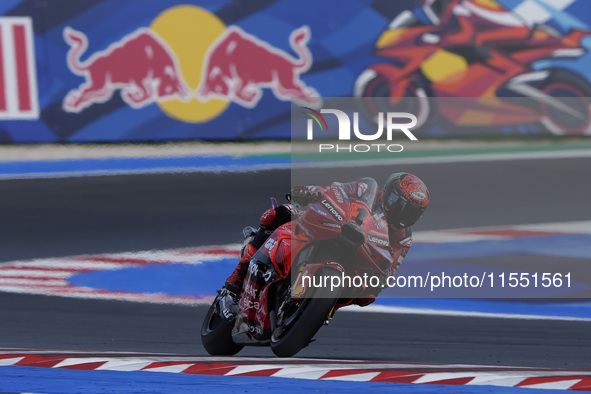 Francesco Bagnaia of Italy and Ducati Lenovo Team rides on track during Free Practice of MotoGP Of San Marino at Misano World Circuit in Mis...