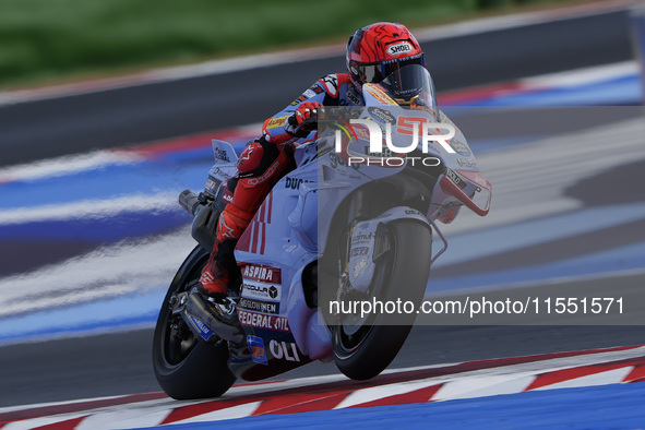 Marc Marquez of Spain and Gresini Racing MotoGP rides on track during Free Practice of MotoGP Of San Marino at Misano World Circuit in Misan...