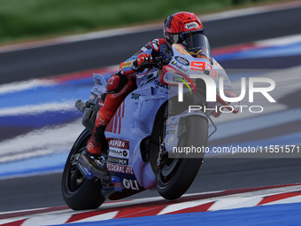 Marc Marquez of Spain and Gresini Racing MotoGP rides on track during Free Practice of MotoGP Of San Marino at Misano World Circuit in Misan...