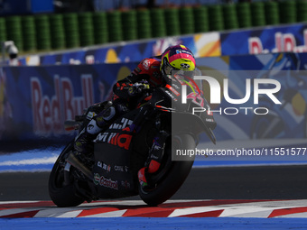 Aleix Espargaro of Spain and Aprilia Racing rides on track during Free Practice of MotoGP Of San Marino at Misano World Circuit in Misano Ad...