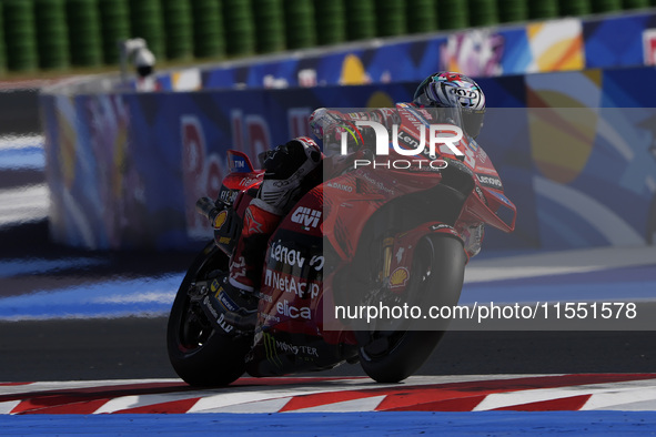 Enea Bastianini of Italy and Ducati Lenovo Team rides on track during Free Practice of MotoGP of San Marino at Misano World Circuit in Misan...