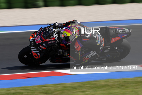 Aleix Espargaro of Spain and Aprilia Racing rides on track during Free Practice of MotoGP of San Marino at Misano World Circuit in Misano Ad...