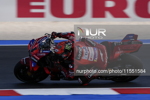 Francesco Bagnaia of Italy and Ducati Lenovo Team rides on track during Free Practice of MotoGP of San Marino at Misano World Circuit in Mis...