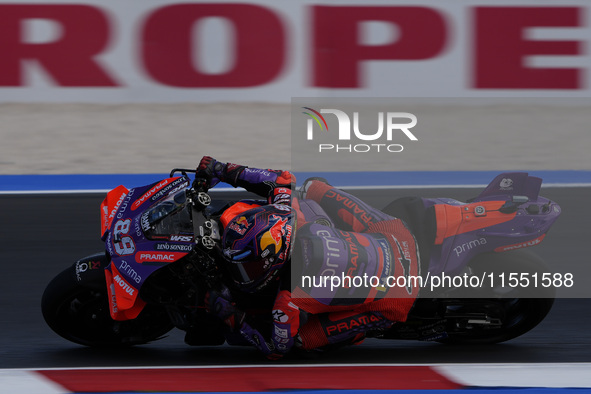 Jorge Martin of Spain and Prima Pramac Racing rides on track during Free Practice of MotoGP Of San Marino at Misano World Circuit in Misano...