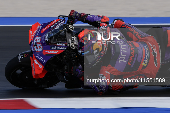 Jorge Martin of Spain and Prima Pramac Racing rides on track during Free Practice of MotoGP Of San Marino at Misano World Circuit in Misano...