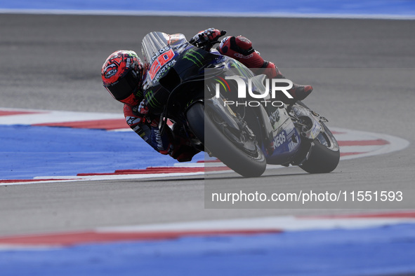 Fabio Quartararo of France and Monster Energy Yamaha MotoGP rides on track during Free Practice of MotoGP of San Marino at Misano World Circ...