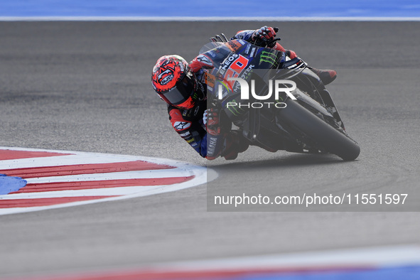 Fabio Quartararo of France and Monster Energy Yamaha MotoGP rides on track during Free Practice of MotoGP of San Marino at Misano World Circ...