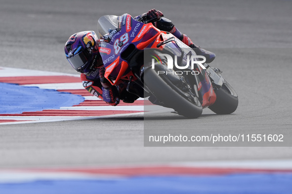 Jorge Martin of Spain and Prima Pramac Racing rides on track during Free Practice of MotoGP Of San Marino at Misano World Circuit in Misano...