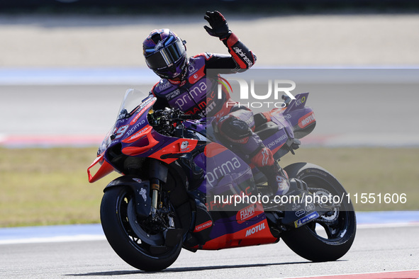 Jorge Martin of Spain and Prima Pramac Racing greets the fans during Free Practice of MotoGP of San Marino at Misano World Circuit in Misano...