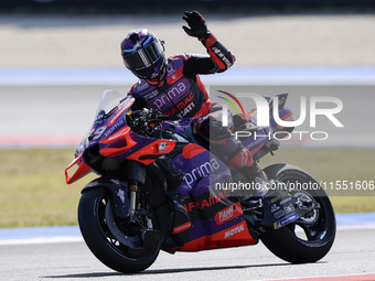 Jorge Martin of Spain and Prima Pramac Racing greets the fans during Free Practice of MotoGP of San Marino at Misano World Circuit in Misano...