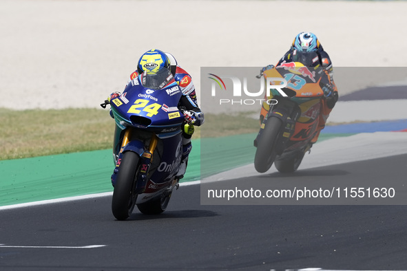 Marcos Ramirez of Spain and OnlyFans American Racing Team rides on track in front of Celestino Vietti of Italy and Red Bull KTM Ajo during M...