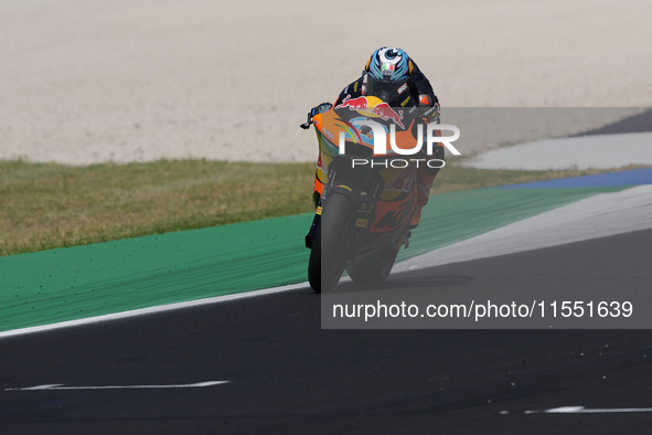 Celestino Vietti of Italy and Red Bull KTM Ajo rides on track during Moto2 Free Practice of MotoGP Of San Marino at Misano World Circuit in...