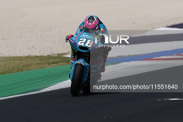 Izan Guevara of Spain and CFMOTO Aspar Team rides on track during Moto2 Free Practice of MotoGP Of San Marino at Misano World Circuit in Mis...