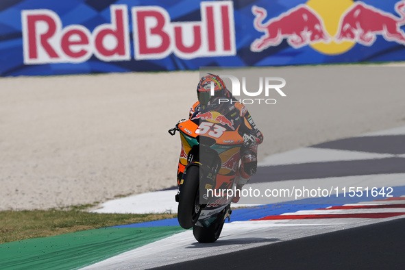 Deniz Oncu of Turkey and Red Bull KTM Ajo rides on track during Moto2 Free Practice of MotoGP Of San Marino at Misano World Circuit in Misan...