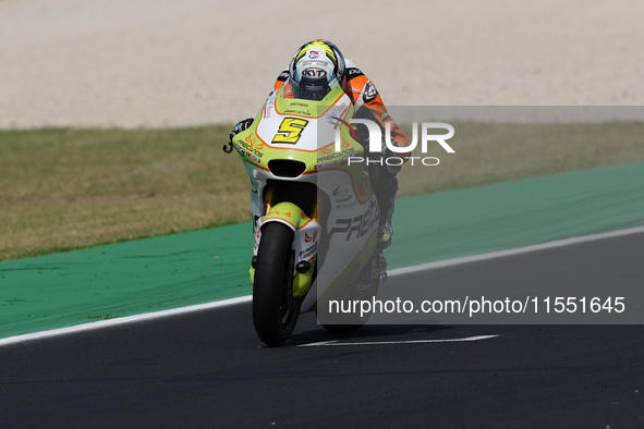 Jaume Masia of Spain and Preicanos Racing Team rides on track during Moto2 Free Practice of MotoGP Of San Marino at Misano World Circuit in...