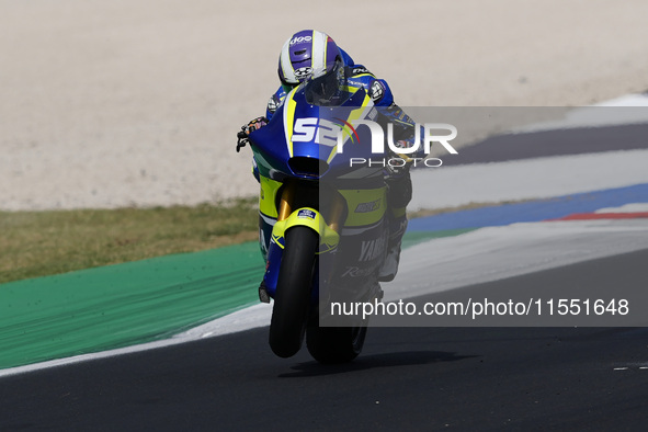 Jeremy Alcoba of Spain and Yamaha VR46 Master Camp Team rides on track during Moto2 Free Practice of MotoGP Of San Marino at Misano World Ci...