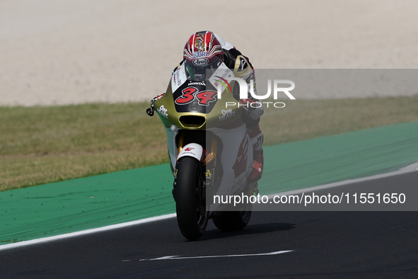 Mario Suryo Aji of Indonesia and IDEMITSU Honda Team Asia rides on track during Moto2 Free Practice of MotoGP Of San Marino at Misano World...