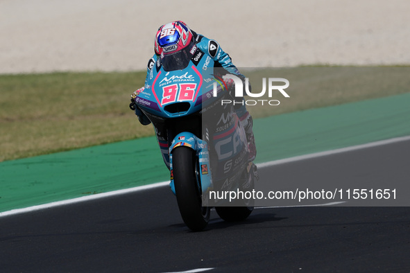 Jake Dixon of the United Kingdom and the CFMOTO Aspar Team rides on track during Moto2 Free Practice of MotoGP of San Marino at Misano World...