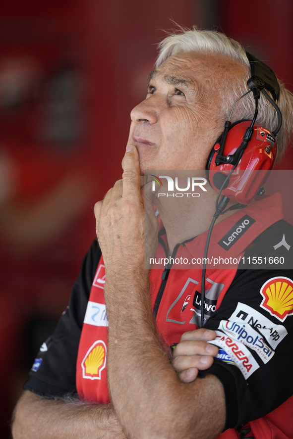 Davide Tardozzi of Ducati Team looks on at the box during Free Practice of MotoGP of San Marino at Misano World Circuit in Misano Adriatico,...