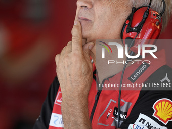 Davide Tardozzi of Ducati Team looks on at the box during Free Practice of MotoGP of San Marino at Misano World Circuit in Misano Adriatico,...