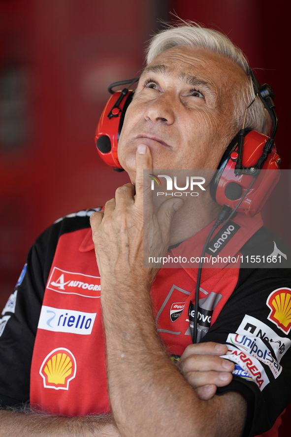 Davide Tardozzi of Ducati Team looks on at the box during Free Practice of MotoGP of San Marino at Misano World Circuit in Misano Adriatico,...