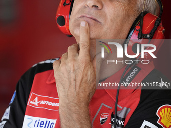 Davide Tardozzi of Ducati Team looks on at the box during Free Practice of MotoGP of San Marino at Misano World Circuit in Misano Adriatico,...