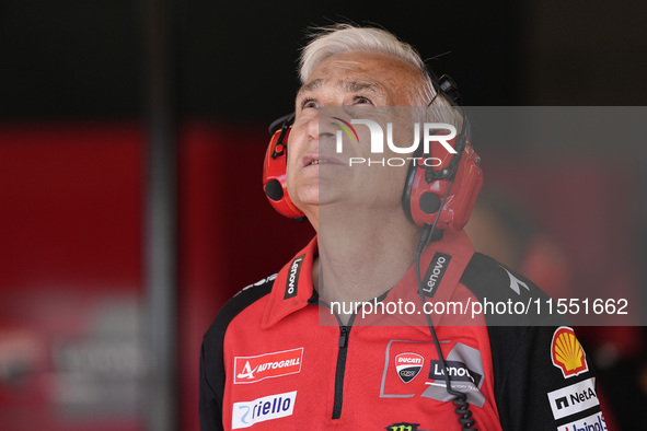 Davide Tardozzi of Ducati Team looks on at the box during Free Practice of MotoGP of San Marino at Misano World Circuit in Misano Adriatico,...