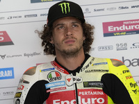 Marco Bezzecchi of Italy and the Pertamina Enduro VR46 Racing Team look on at the box during Free Practice of MotoGP of San Marino at Misano...