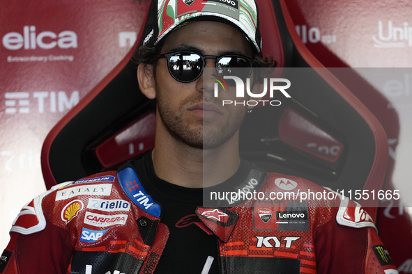 Enea Bastianini of Italy and Ducati Lenovo Team looks on at the box during Free Practice of MotoGP of San Marino at Misano World Circuit in...