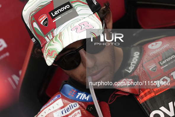 Enea Bastianini of Italy and Ducati Lenovo Team looks on at the box during Free Practice of MotoGP of San Marino at Misano World Circuit in...