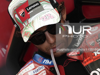 Enea Bastianini of Italy and Ducati Lenovo Team looks on at the box during Free Practice of MotoGP of San Marino at Misano World Circuit in...