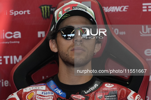 Enea Bastianini of Italy and Ducati Lenovo Team looks on at the box during Free Practice of MotoGP of San Marino at Misano World Circuit in...