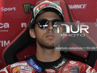 Enea Bastianini of Italy and Ducati Lenovo Team looks on at the box during Free Practice of MotoGP of San Marino at Misano World Circuit in...