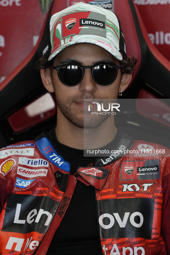 Enea Bastianini of Italy and Ducati Lenovo Team looks on at the box during Free Practice of MotoGP of San Marino at Misano World Circuit in...