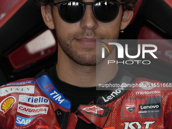 Enea Bastianini of Italy and Ducati Lenovo Team looks on at the box during Free Practice of MotoGP of San Marino at Misano World Circuit in...