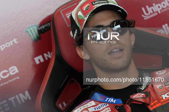 Enea Bastianini of Italy and Ducati Lenovo Team looks on at the box during Free Practice of MotoGP of San Marino at Misano World Circuit in...