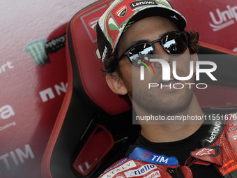 Enea Bastianini of Italy and Ducati Lenovo Team looks on at the box during Free Practice of MotoGP of San Marino at Misano World Circuit in...