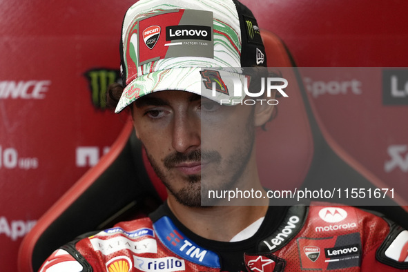 Francesco Bagnaia of Italy and Ducati Lenovo Team looks on at the box during Free Practice of MotoGP of San Marino at Misano World Circuit i...