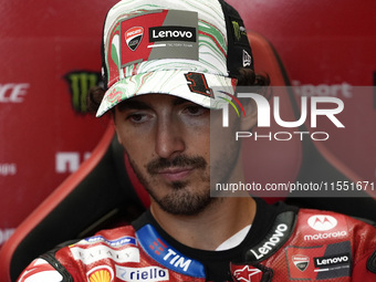 Francesco Bagnaia of Italy and Ducati Lenovo Team looks on at the box during Free Practice of MotoGP of San Marino at Misano World Circuit i...