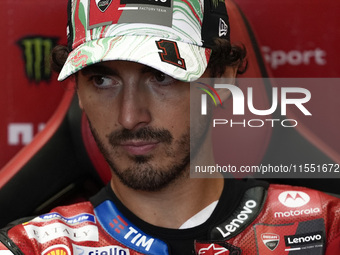 Francesco Bagnaia of Italy and Ducati Lenovo Team looks on at the box during Free Practice of MotoGP of San Marino at Misano World Circuit i...