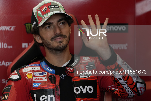 Francesco Bagnaia of Italy and Ducati Lenovo Team looks on at the box during Free Practice of MotoGP of San Marino at Misano World Circuit i...