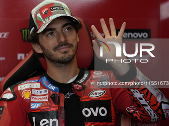 Francesco Bagnaia of Italy and Ducati Lenovo Team looks on at the box during Free Practice of MotoGP of San Marino at Misano World Circuit i...