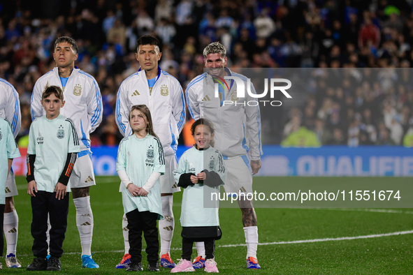 Players of Argentina during anthems before the FIFA World Cup 2026 Qualifier match between Argentina and Chile at Estadio Mas Monumental Ant...