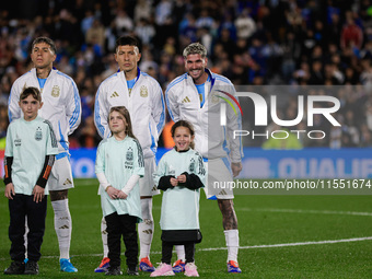 Players of Argentina during anthems before the FIFA World Cup 2026 Qualifier match between Argentina and Chile at Estadio Mas Monumental Ant...