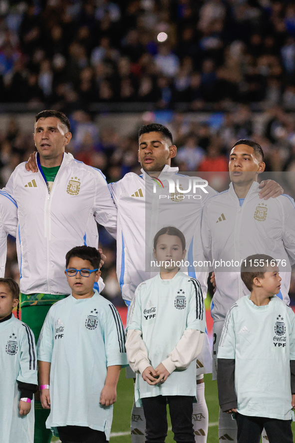 Players of Argentina during anthems before the FIFA World Cup 2026 Qualifier match between Argentina and Chile at Estadio Mas Monumental Ant...