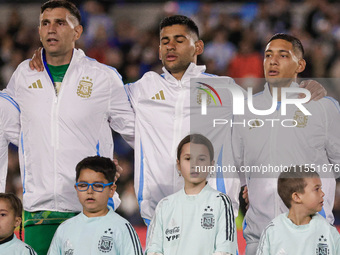 Players of Argentina during anthems before the FIFA World Cup 2026 Qualifier match between Argentina and Chile at Estadio Mas Monumental Ant...