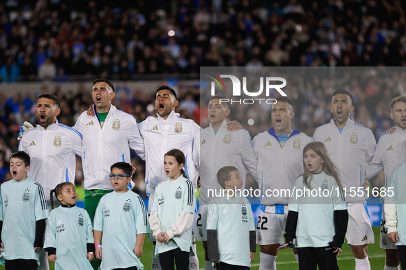 Players of Argentina during anthems before the FIFA World Cup 2026 Qualifier match between Argentina and Chile at Estadio Mas Monumental Ant...