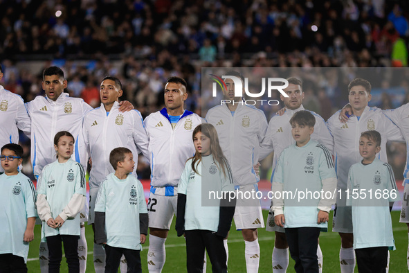 Players of Argentina during anthems before the FIFA World Cup 2026 Qualifier match between Argentina and Chile at Estadio Mas Monumental Ant...