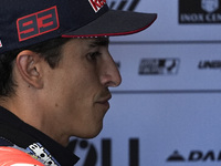 Marc Marquez of Spain and Gresini Racing MotoGP looks on at the box during Free Practice of MotoGP of San Marino at Misano World Circuit in...