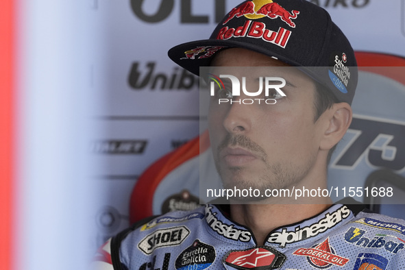 Alex Marquez of Spain and Gresini Racing MotoGP looks on at the box during Free Practice of MotoGP of San Marino at Misano World Circuit in...